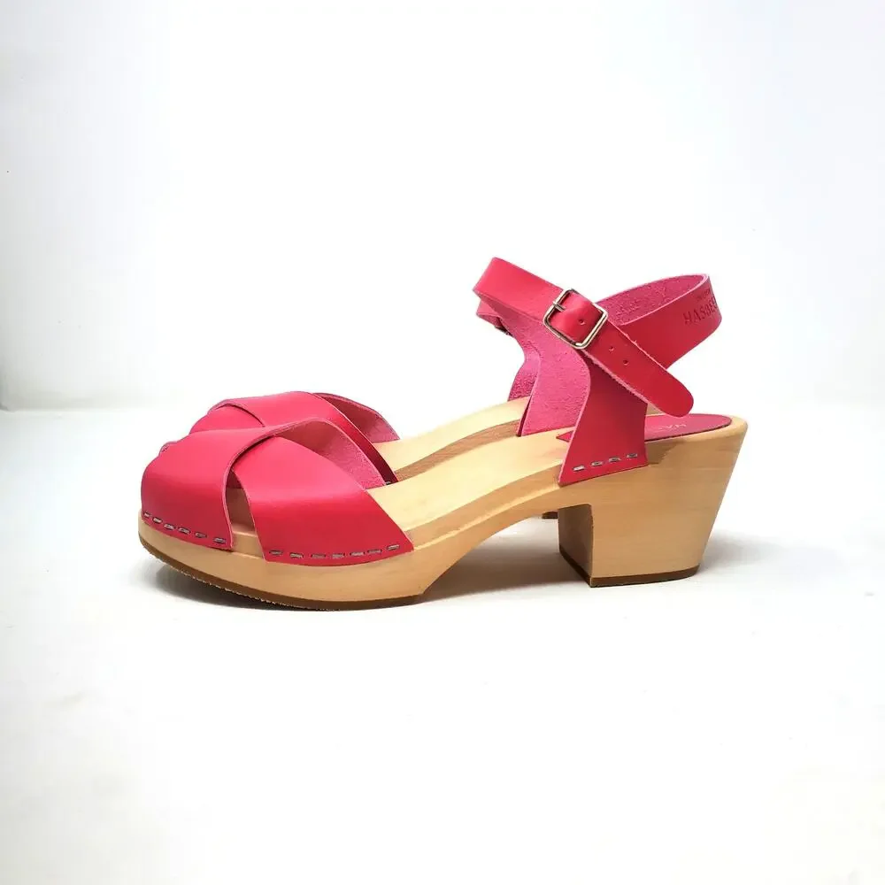 Swedish Hasbeens Mirja Heeled Clog Sandals Strappy Peep Toe Cherry Pink 41 US 11 - Picture 5 of 9